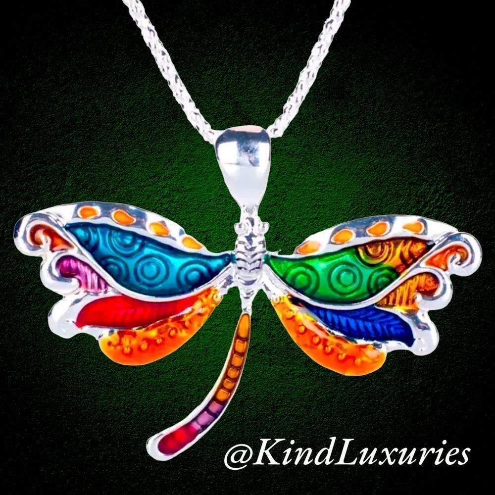 💎193💎 Multicolored Enameled Dragonfly‎ Necklace